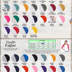 The image is a detailed color swatch for a children's raglan, featuring various shades of gray, white, and blue. The swatch is organized into different sections, each representing a different color or style. The image also includes a list of different styles and sizes available, as well as a color chart for easy identification.