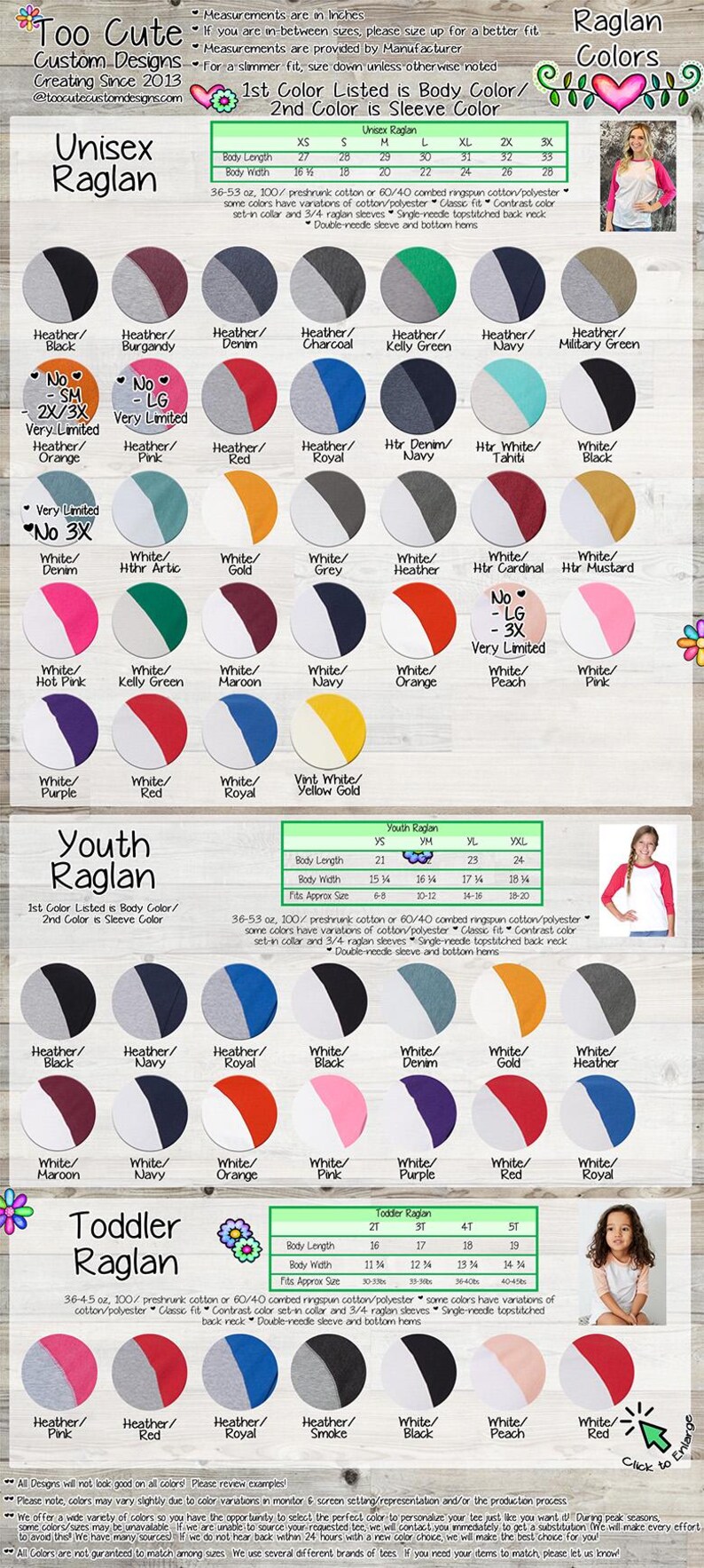 The image is a detailed color swatch for a children's raglan, featuring various shades of gray, white, and blue. The swatch is organized into different sections, each representing a different color or style. The image also includes a list of different styles and sizes available, as well as a color chart for easy identification.