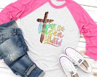 He is Risen Wood Cross Easter Tee, Christian Easter Shirt, Cute Easter Shirt For Woman, Jesus Easter Shirt, Easter Family Shirt, Raglan Tee
