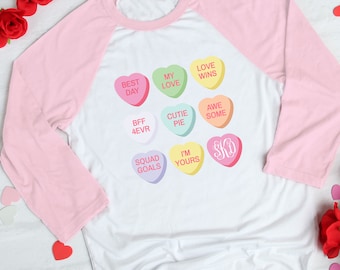Custom Monogram Conversation Heart Valentines Day Shirt, Valentines Day Shirts for Women, Heart Shirt, Cute Valentine Shirt, Raglan Tee