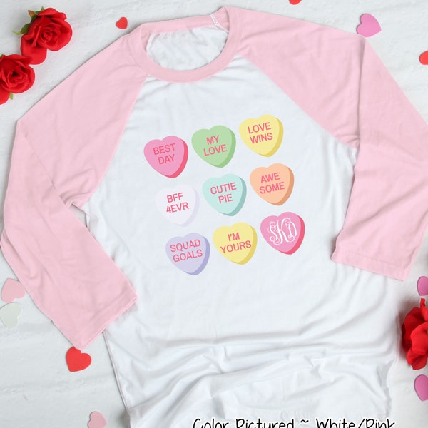 Custom Monogram Conversation Heart Valentines Day Shirt, Valentines Day Shirts for Women, Heart Shirt, Cute Valentine Shirt, Raglan Tee