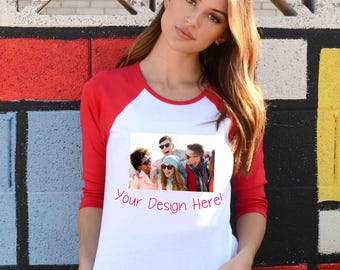 Custom Design Raglan Tee Your Photo and Any Text, 3/4 Sleeve Baseball Tee With Your Design Custom Shirt Women Men Unisex  Personalized Gifts