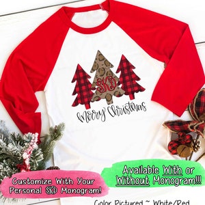 Red Plaid Leopard Christmas Tree Shirt,Personalized Womens Christmas Shirt,Holiday Shirt for Her,Merry Christmas Family Tee,Christmas Raglan