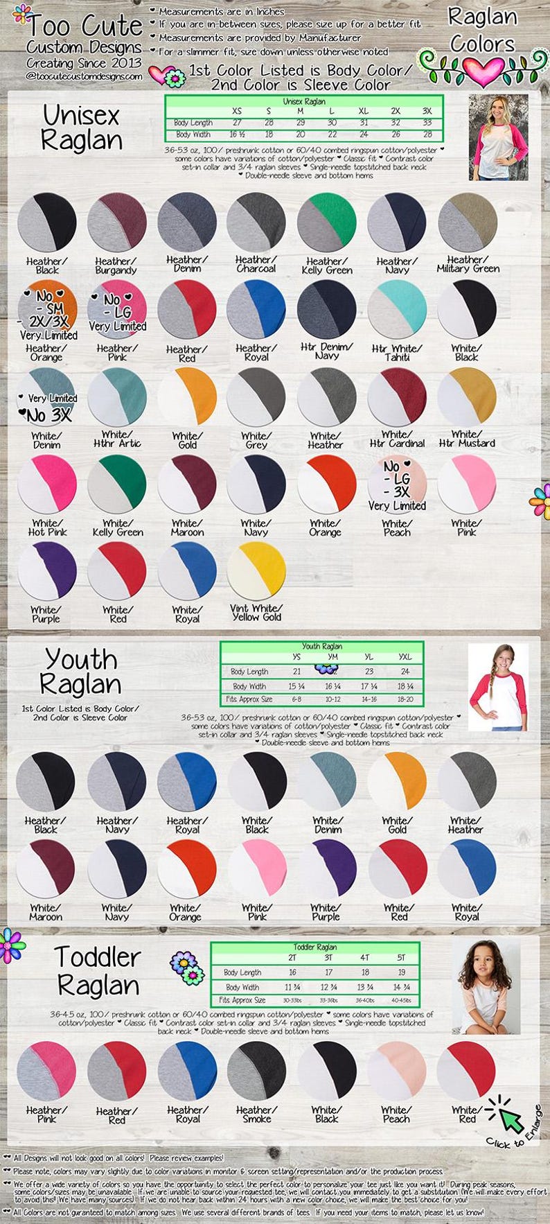 The image is a detailed color swatch for a children's raglan, featuring various shades of gray, white, and blue. The swatch is organized into different sections, each representing a different color or style. The image also includes a list of different styles and sizes available, as well as a color chart for easy identification.