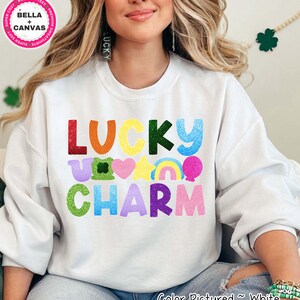 Faux Glitter Lucky Charm Sweater, Cute St Patricks Day Shirt for Women, Lucky TShirt, St Patricks Day Sweatshirt,Gift for Her, Clover Hoodie