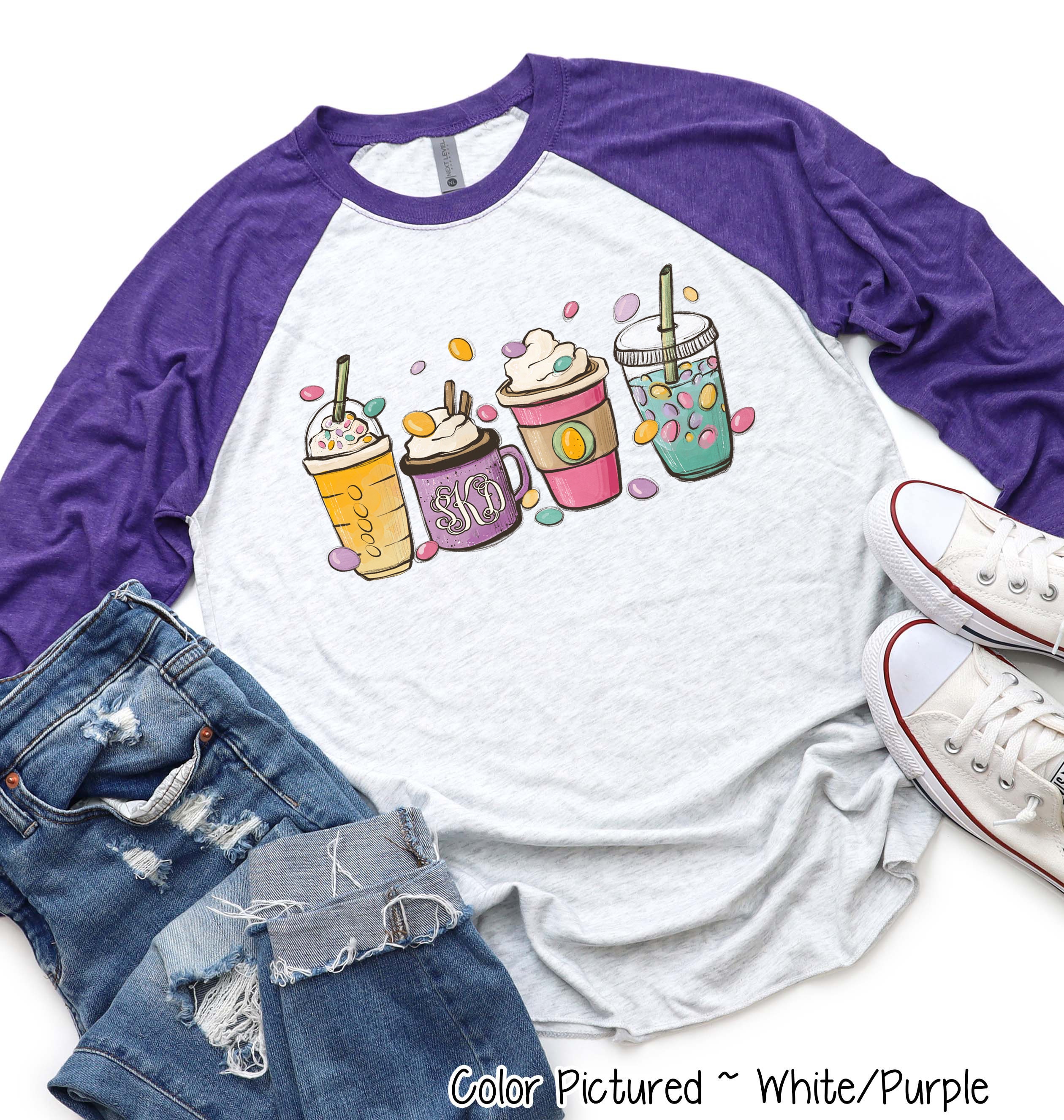 Monogramm Kaffee Ostern Shirt, gemütliches Kaffeebecher Shirt, Bunny Latte Ostern Shirt für Frau, benutzerdefinierte Ostern Shirt, Familie passende Shirt,Raglan