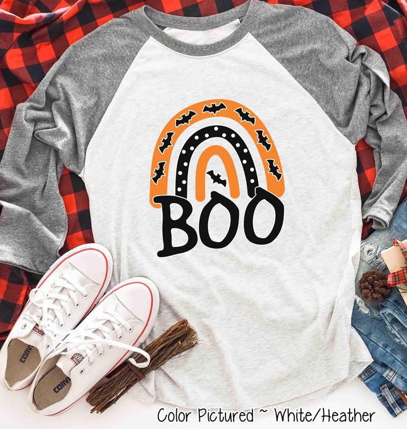 Halloween Boo Rainbow Shirt, Cute Halloween Shirt, Girls Halloween Tee, Kids Halloween Tee, Halloween Shirt for Her, Family Matching, Raglan image 3