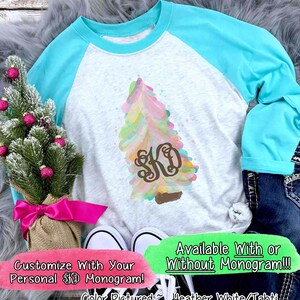 Watercolor Christmas Tree Shirt, Personalized Womens Christmas Shirt,Holiday Shirt for Her,Merry Christmas Family Shirt,Christmas Raglan Tee