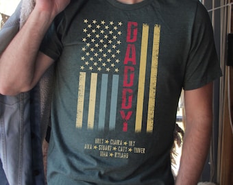 Custom Faded Patriotic Flag ~ Dad/Mom/Grandpa/Brother/Etc. Distressed Cream, Blue, Khaki Flag Tee