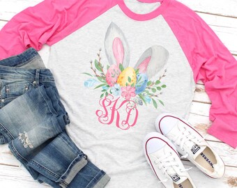 Monogramm Hasenohren Ostern Shirt, Osterhase Shirt, Mädchen niedlichen Ostern Shirt für Frau, benutzerdefinierte Ostern Shirt, Ostern Familie Shirt, Raglan T-Shirt