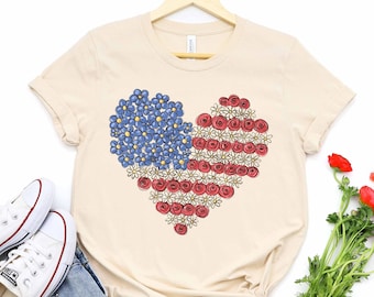 Shirt bloemen hart hart, patriottische 4 juli shirt, Independence Day shirt, shirt Amerikaanse vlag, rood wit blauw shirt, vrijheid T-shirt voor haar