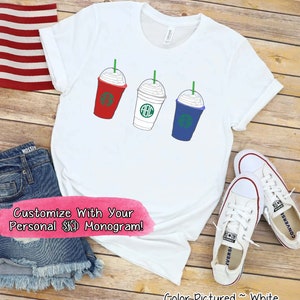 Starbucks Latte Inspired Monogram Shirt, Personalized 4th of July Shirt, Independence Day Shirt, Coffee Lover Shirt, Red White Blue Shirt