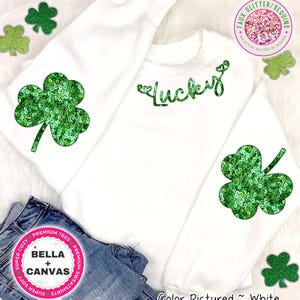 Faux Sequin Shamrock St. Patricks Day Sweater for Women, Lucky Shirt, Shamrock Elbow Sweatshirt, Armpatch Shamrock Sweatshirt, Irish Hoody
