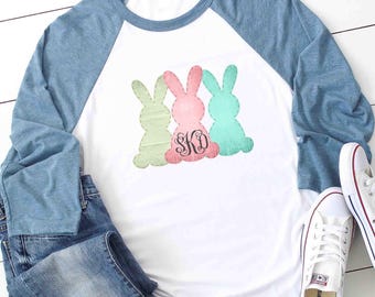 Monogram Bunny Trio Easter Shirt - Cute Family Raglan Tee