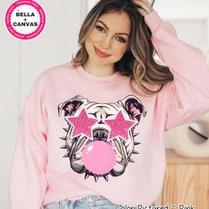 Preppy Bubble Blowing Pink Bulldog Mascot Team Sweatshirt, Cute Mascot Sweater, School Team Tee, Favorite Bulldog Team Shirt,School Logo Tee image 1