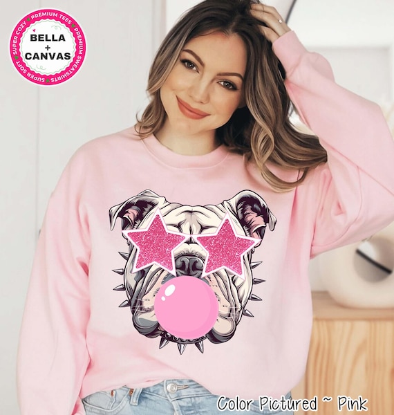 Preppy Bubble Blowing Pink Bulldog Mascot Team Sweatshirt, Cute Mascot Sweater, School Team Tee, Favorite Bulldog Team Shirt,School Logo Tee