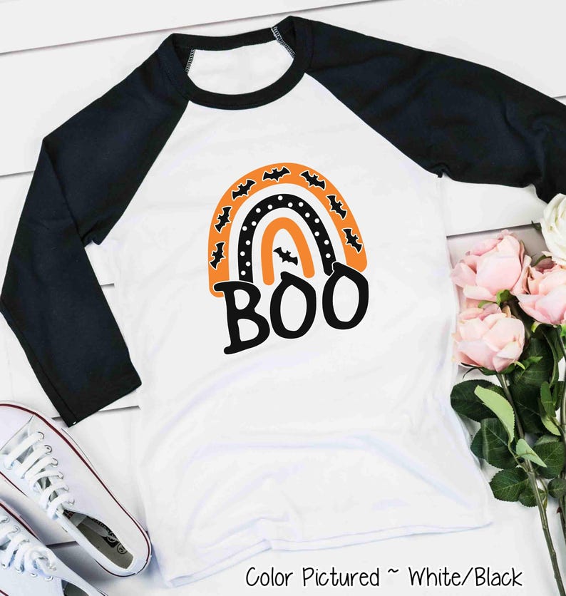 Halloween Boo Rainbow Shirt, Cute Halloween Shirt, Girls Halloween Tee, Kids Halloween Tee, Halloween Shirt for Her, Family Matching, Raglan image 1