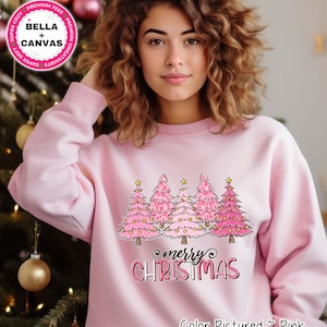 Pink Merry Christmas Tree Sweatshirt, Merry & Bright Christmas Sweater, Holiday Tee, Womens Holiday Shirt,Bella Canvas Christmas Party Shirt