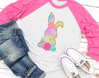 Watercolor Bunny Easter Shirt - Custom Monogram Raglan Tee