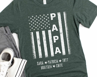 Custom Papa Flag Shirt, Personalized Papa Shirt with Kids Names, Father&#39;s Day Gift for Papa,Fathers Day Shirt, Birthday Gift For Him