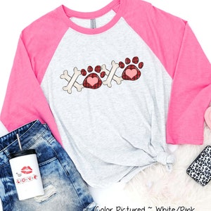 Paw Print & Bones Valentines Day Shirt, Dog Mom Shirt Valentine Tee, Girls Valentines Day T Shirts for Women,Cute Valentine Shirt,Raglan Tee