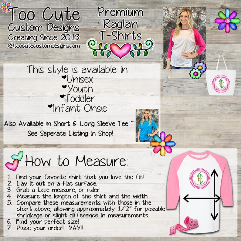 The image is a collage of various images related to custom designs, including a woman wearing a white and pink shirt, a woman wearing a white and pink shirt, and a woman wearing a white and pink shirt. The collage also includes images of a chart with measurements and instructions on how to measure a shirt.