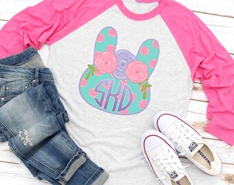 Monogram Bunny Easter Shirt - Custom Cute Raglan for Women