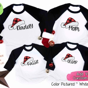 Buffalo Plaid Santa Hat Family Christmas Shirts, Custom Christmas Shirt,Matching Christmas Shirt,Custom Group Shirt,Family Pajama Raglan Tee
