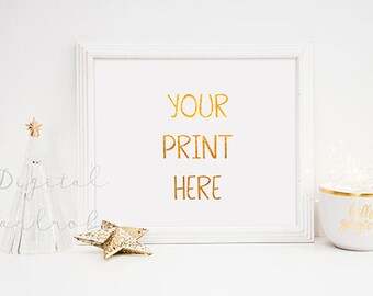 Download Free White Frame Christmas Xmas Mockup Mock Up w/ String Lights Gold Star Christmas Tree/ Styled Empty Frame Holiday Art Print Display Horizontal PSD Template