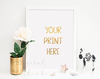 Download Free Styled White Frame Mockup Mock Up w/ Golden Vase Rose Flower Camel, Downloadable Frame Stock Photo White Plain Interior Display/ Portrait PSD Template