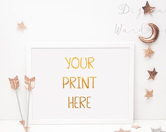 Download Free Styled White Frame Mockup Mock up w/ Gold Moon Star Arrow/ Empty Blank Frame Modern Nursery Print Printable Frame Mockup Display/ Horizontal PSD Template