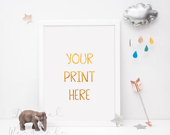 White Frame Mockup W Silver Cloud Raindrop Elephant Gold