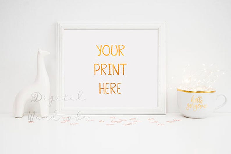 White Frame Mockup W String Lights In Mug Giraffe Styled Etsy