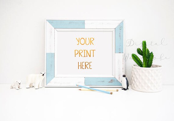 Styled White Blue Frame Mockup Mock Up W Polar Bear Cactus Etsy