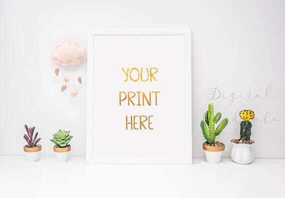 White Frame Mockup W Succulents Cactus Cloud Styled Mock Up Etsy