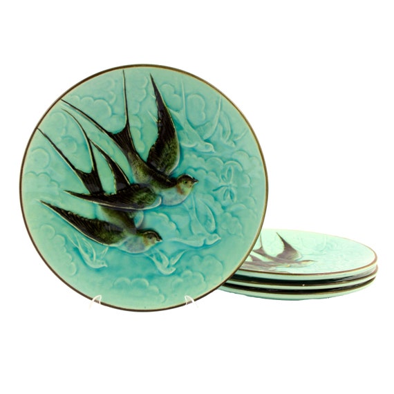 Majolica 4 dessert plates Swallows