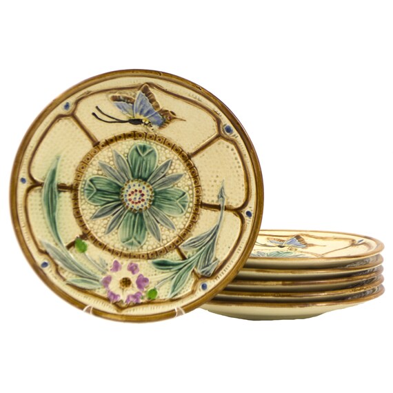 Majolica 4 dessert plates Swallows