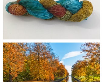 Autumn at Fraser's Ridge - Hand Dyed Sock Yarn, Outlander Inspired, Burnt orange, gold, turquoise, brown.