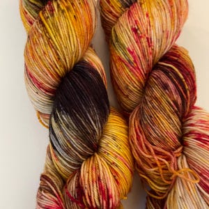 May include: Two skeins of hand-dyed yarn in a mix of red, orange, yellow, and brown colors. The yarn has a speckled appearance.