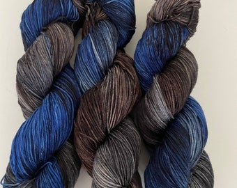 Murtagh- Fingering Weight- Outlander Hand Dyed Sock Yarn, Fingering, Blue, Gray, Brown, Black