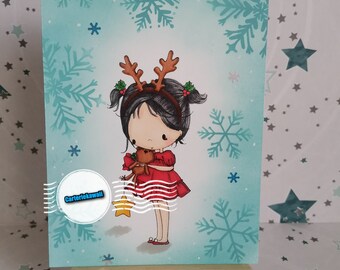 Tarjeta Little Girl Reindeer Kawaii