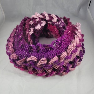 Winter Cowl Sparkle Hairpin Lace Accessory Gift for her Crochet Infinity Scarf