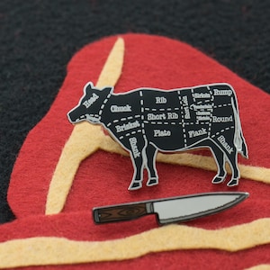 Silver Cow  Butcher Cuts Diagram and Chef&#39;s Knife Set Hard Enamel Lapel Pin (Two Pins)
