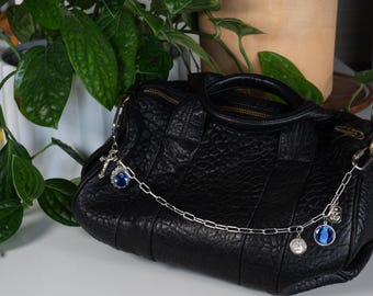 Gothic Catholic Core Bag Charm Chain: Crucifix, Virgin Mary, Blue Gemstone Upcylced