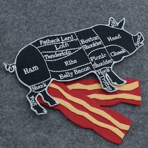 Può includere: Applicazione in feltro nero a forma di maiale, con cuciture bianche, etichettata con tagli di carne. Sotto, due strisce di pancetta in feltro rosso con strisce gialle. Su sfondo grigio.