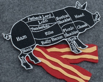 Large Black and Gray Pig Butcher Cuts Diagram Embroidered Iron-on Patch