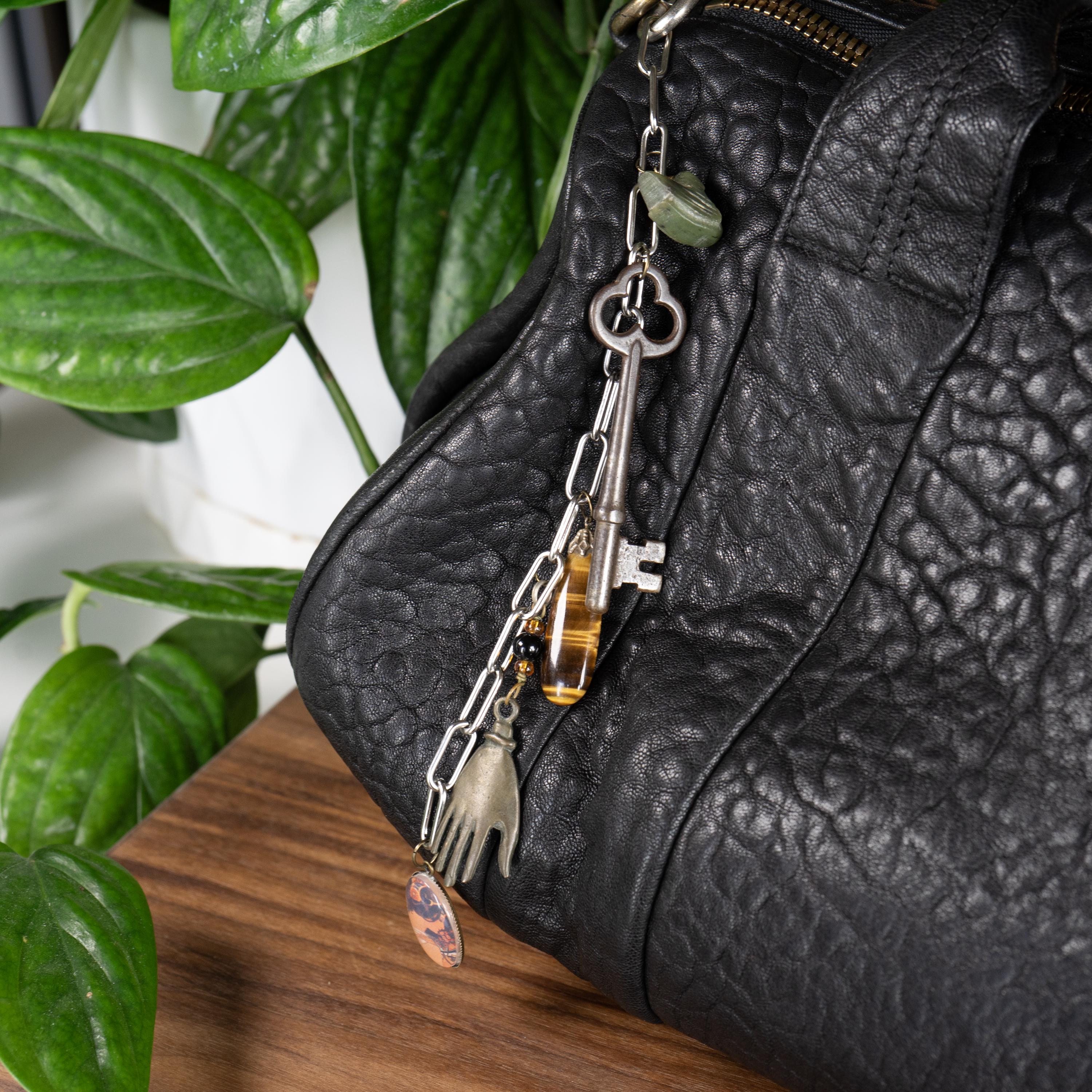 Vintage Amber Bag Charm Chain: Skeleton Key, Art Nouveau, Upcycled Y2K
