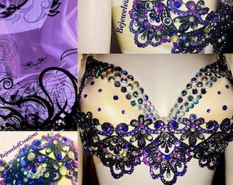 Rave Bra, bejeweled bra, bra, purple bra, White bra, 36b, edm bra, diamond bra, bejeweledcreationz, cosplay, black bra, purple and black bra
