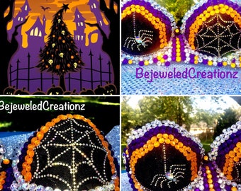 Halloween Bra, costumes, Rave bra, edm bra, featival bra, Spooky, 34 A bra, orange black bra, orange bra, bejeweledcreationz, rhinestone bra