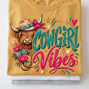 Highland Cow Cowgirl Vibes Western PNG, Hand Lettered Sublimation Design, Rodeo Preppy Western Clipart Download